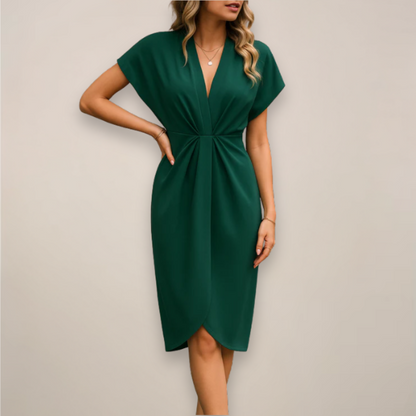 Women's V-Neck Wrap Dress Cap Sleeves Midi Length