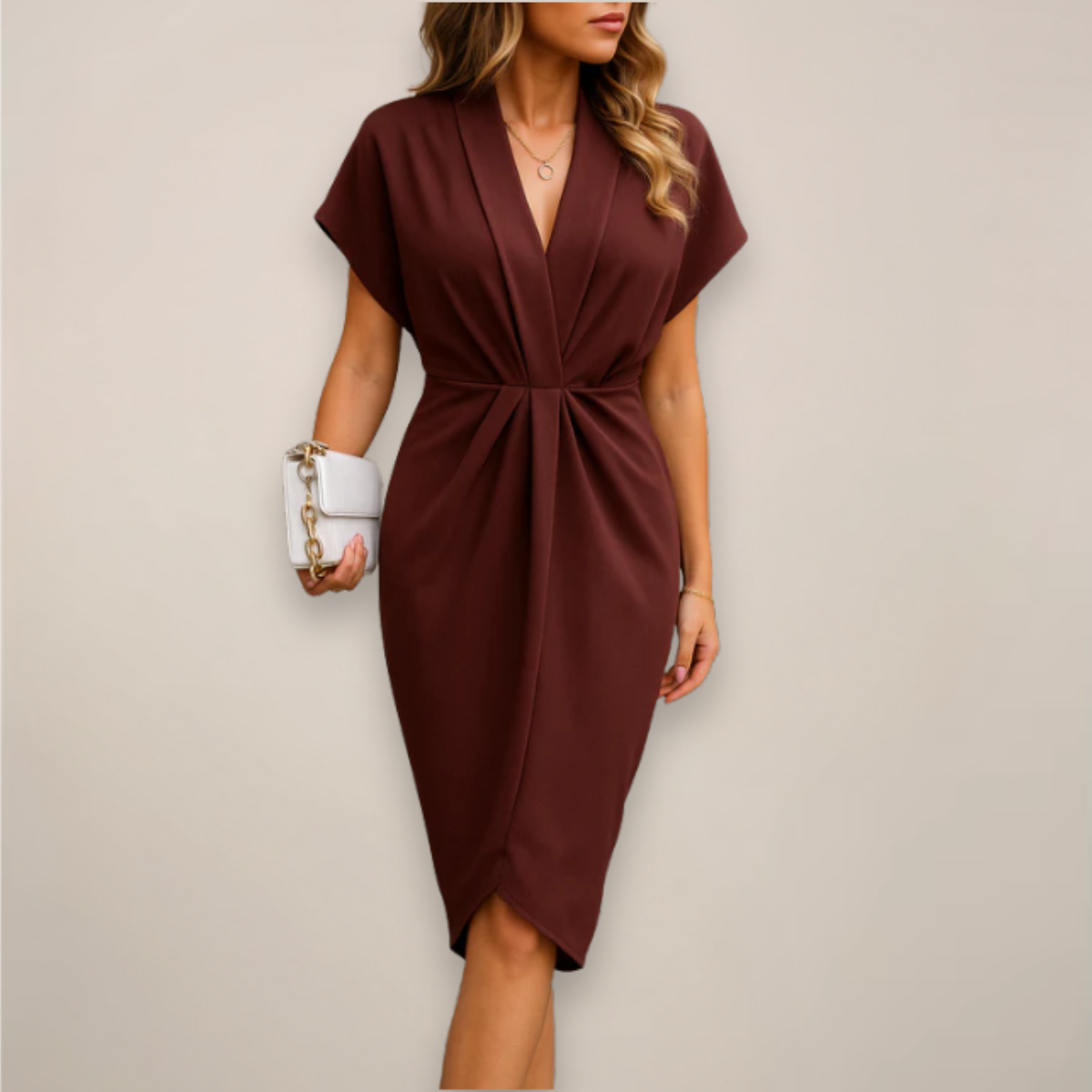 Women's V-Neck Wrap Dress Cap Sleeves Midi Length