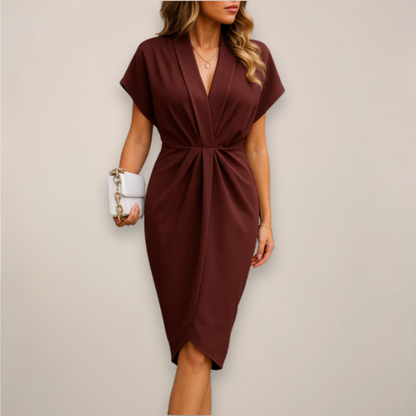 Women's V-Neck Wrap Dress Cap Sleeves Midi Length