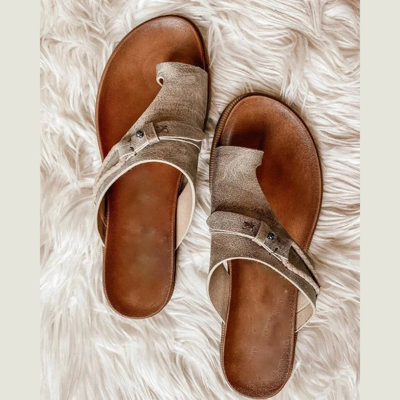 Women's Flat Slide Sandals Slip-On Leather Brown