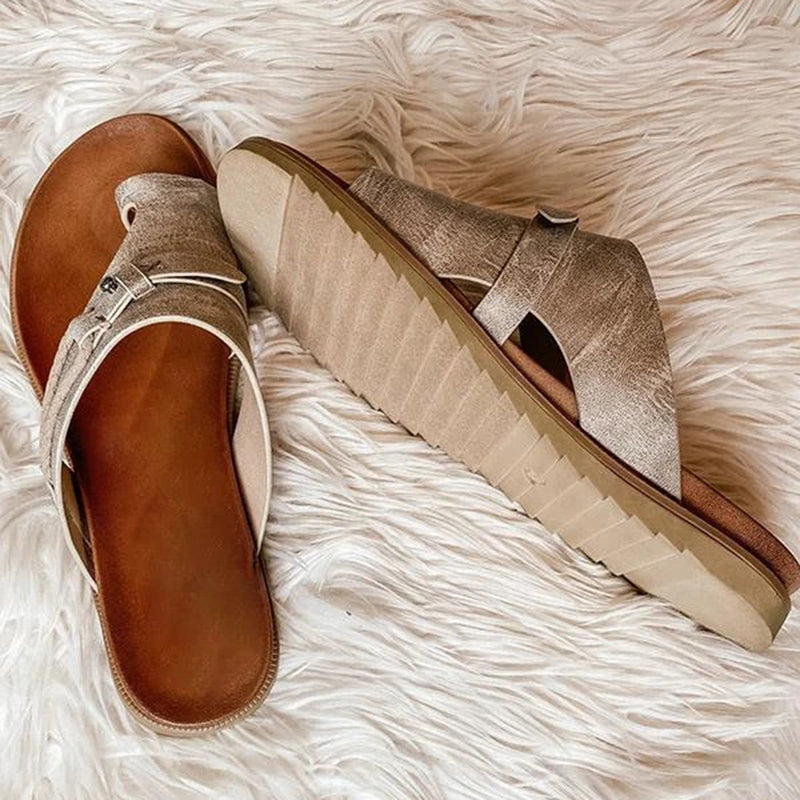 Women's Flat Slide Sandals Slip-On Leather Brown