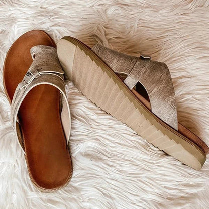 Women's Flat Slide Sandals Slip-On Leather Brown