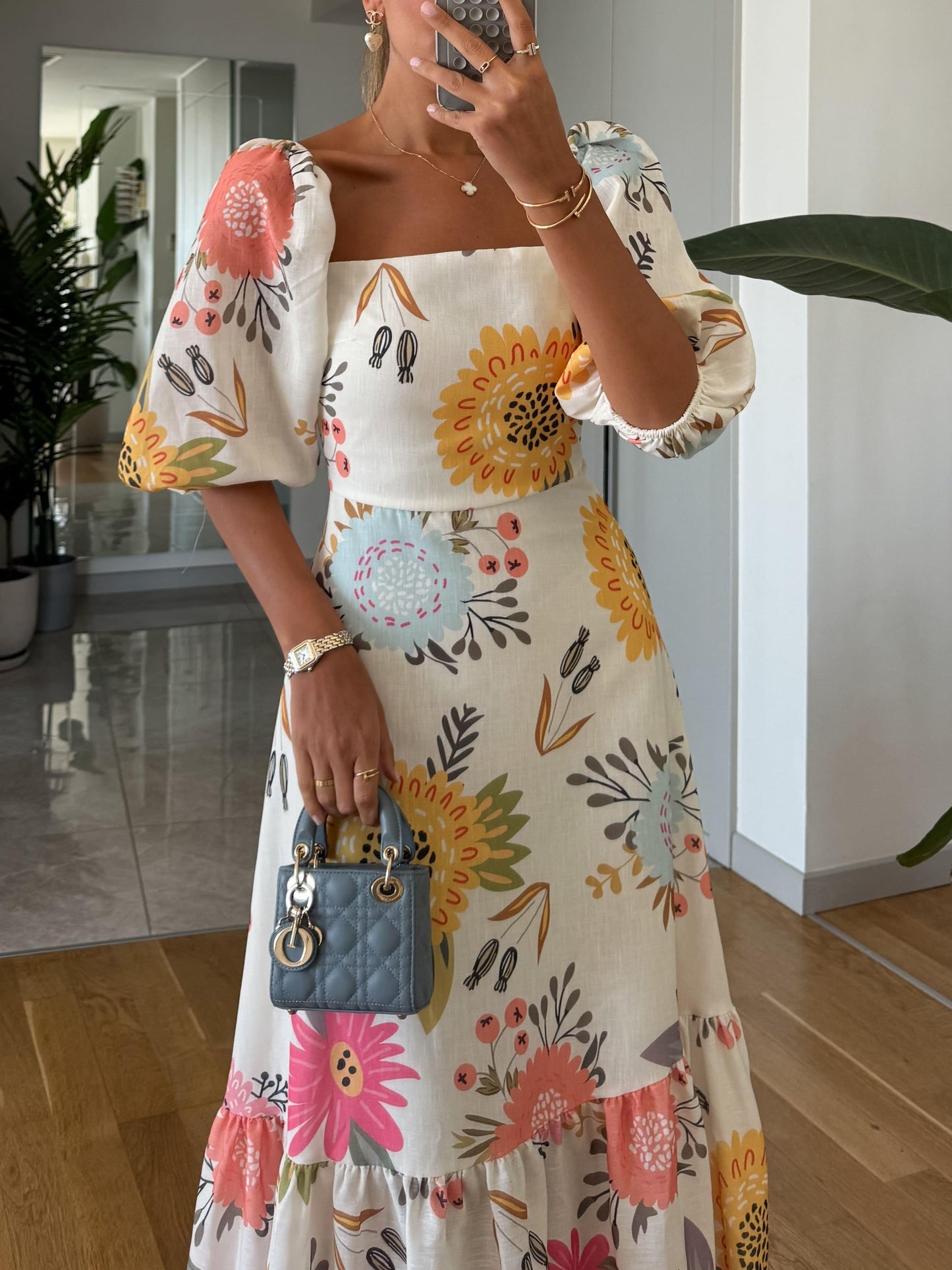 Women's Floral Print Midi Dress Puff Sleeves