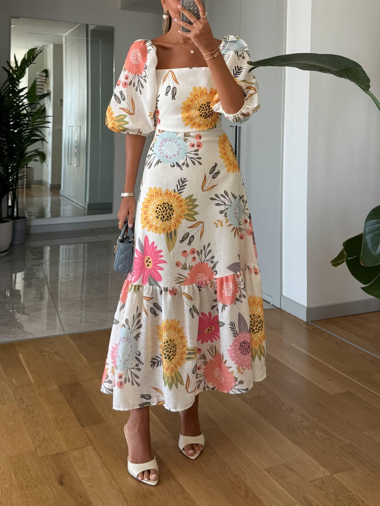 Women's Midi Dress Floral Print Puff Sleeves - Fashinoza