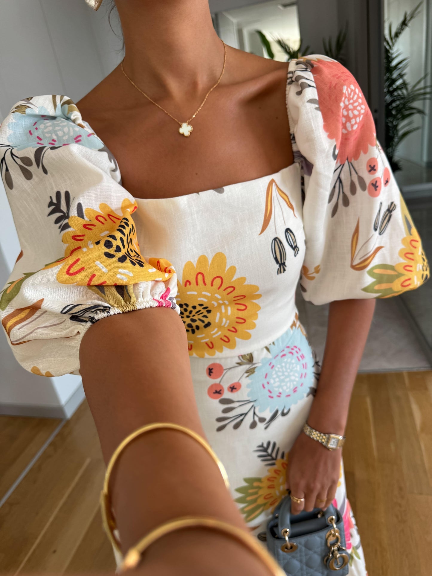 Women's Floral Print Midi Dress Puff Sleeves