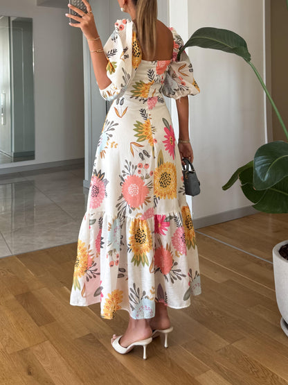 Women's Floral Print Midi Dress Puff Sleeves