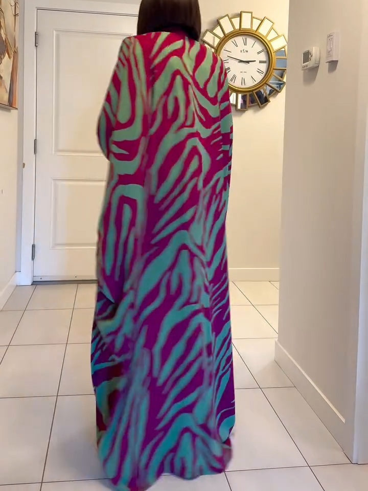 Zebra Print Maxi Dress V-Neck Batwing Sleeves