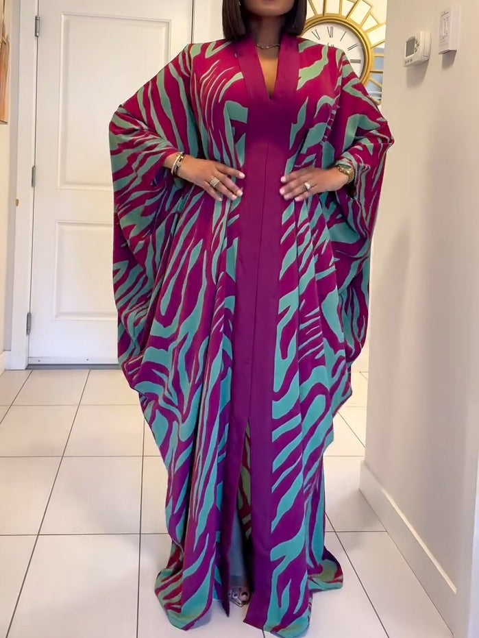 Zebra Print Maxi Dress V-Neck Batwing Sleeves - Fashinoza