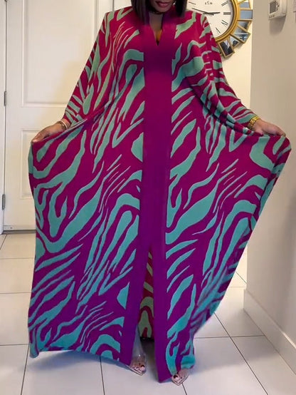 Zebra Print Maxi Dress V-Neck Batwing Sleeves