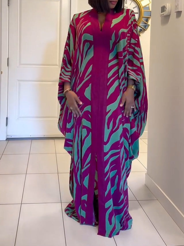 Zebra Print Maxi Dress V-Neck Batwing Sleeves