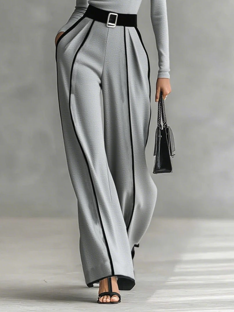 Women's High Neck And Wide Leg Pants Set With Belt