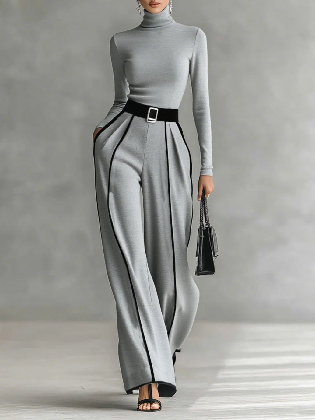 Women's High Neck And Wide Leg Pants Set With Belt