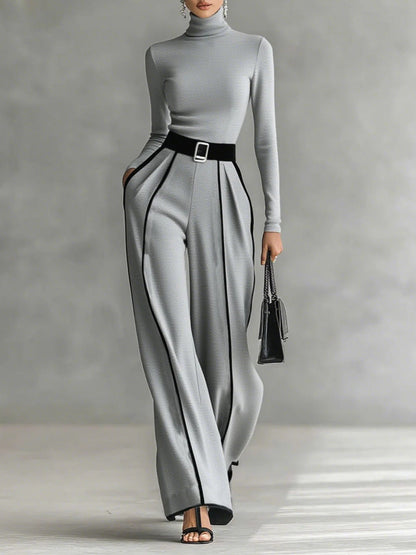 Women's High Neck And Wide Leg Pants Set With Belt
