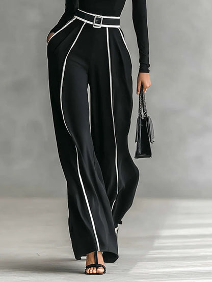 Women's High Neck And Wide Leg Pants Set With Belt