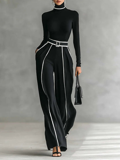 Women's High Neck And Wide Leg Pants Set With Belt - Fashinoza