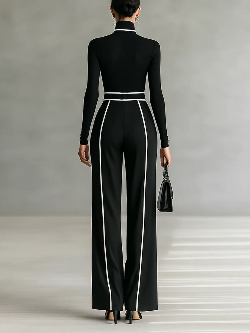 Women's High Neck And Wide Leg Pants Set With Belt