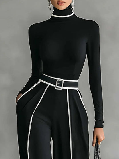 Women's High Neck And Wide Leg Pants Set With Belt