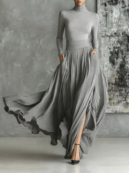 Women's Pleated High-Neck Maxi Evening Dress