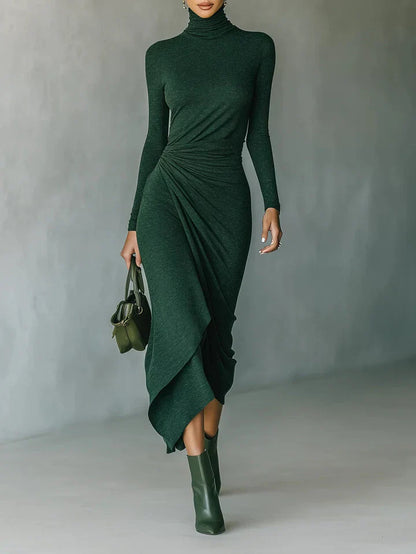 Draped Turtleneck Midi Dress