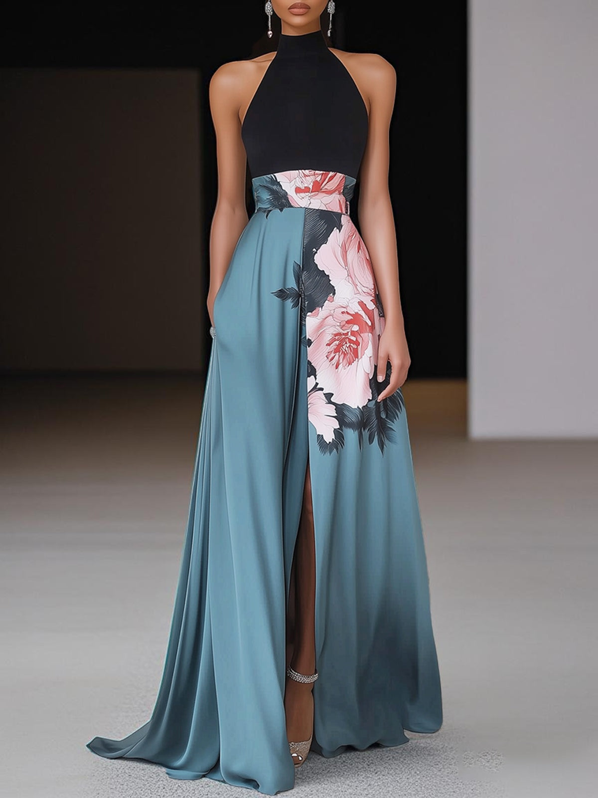 Women's Sleeveless A-Line Maxi Dress Black Floral - Fashinoza