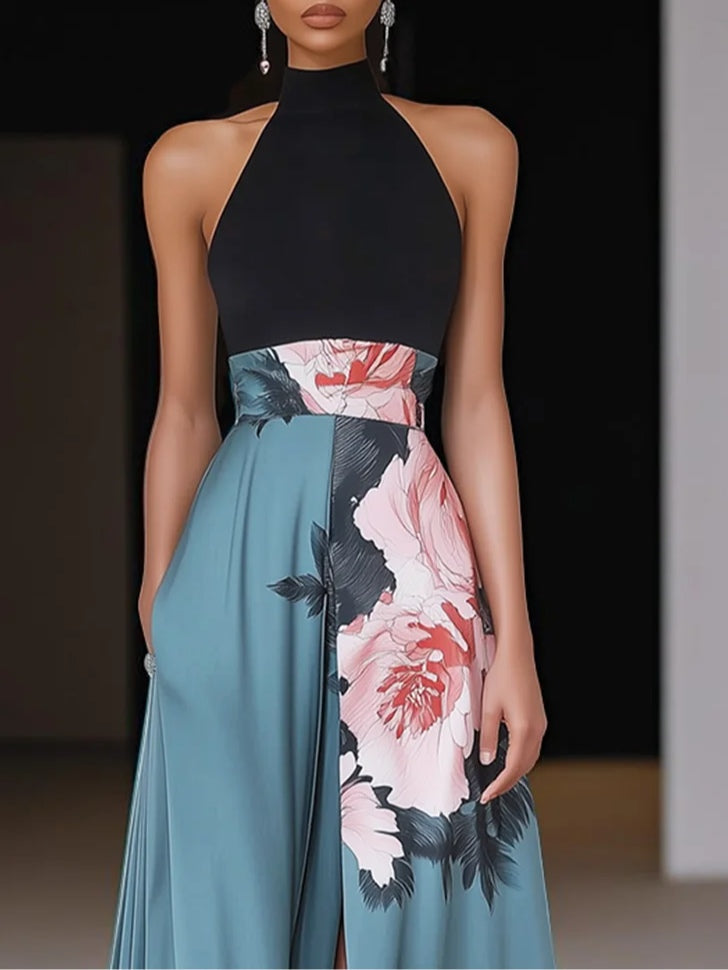 Women's Sleeveless A-Line Maxi Dress Black Floral