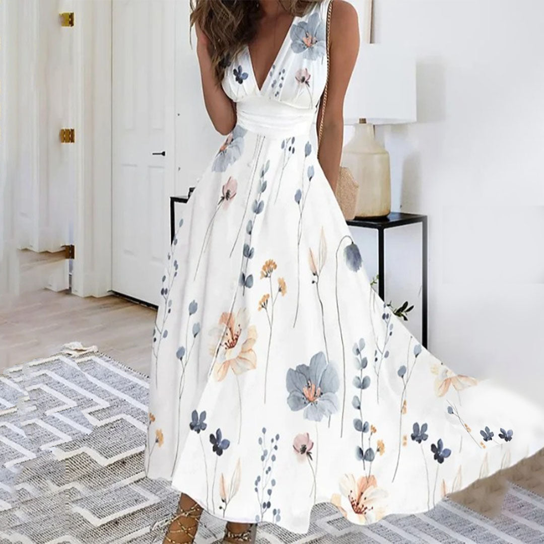 Women's Floral Print Midi Dress Sleeveless Deep V-Neck