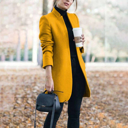 Women's Long Wool Trench Coat Stand Collar Warm Beige