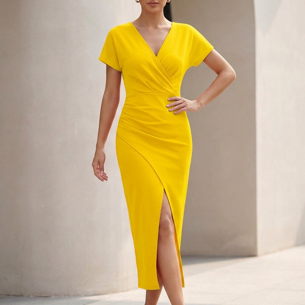 Women's Midi Wrap Dress Ruched Waist V-Neck