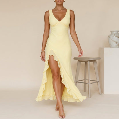 Women's Chiffon Maxi Dress Ruched Bodice Ruffled Slit - 
Fashinoza