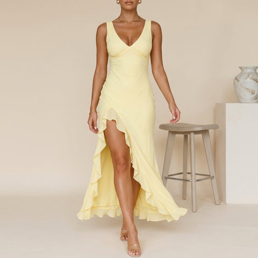 Women's Chiffon Maxi Dress Ruched Bodice Ruffled Slit - 
Fashinoza