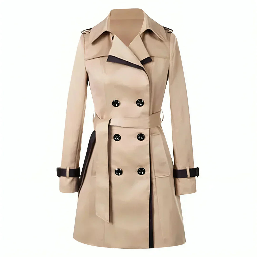 Women's Double Breasted Trench Coat Belted Contrast Trim - Fashinoza