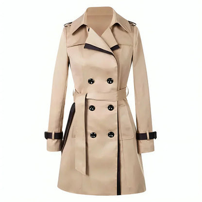 Women's Double Breasted Trench Coat Belted Contrast Trim - Fashinoza