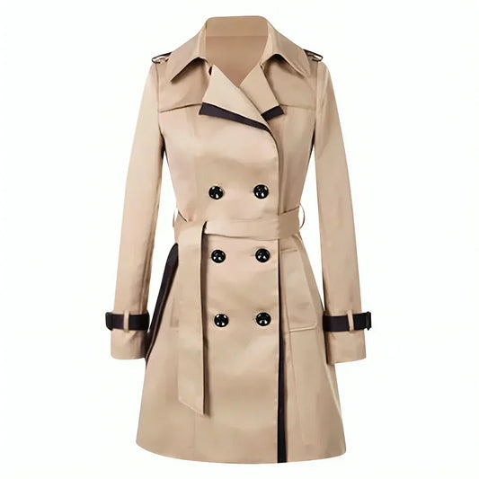 Women's Double Breasted Trench Coat Belted Contrast Trim - Fashinoza