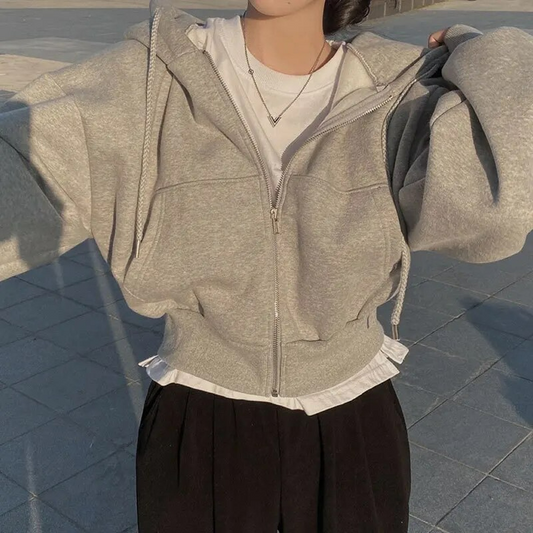 Women's Cropped Hoodie Zip-Up Fleece Black - Fashinoza