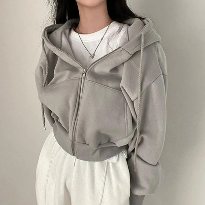 Women's Cropped Hoodie Zip-Up Fleece Black