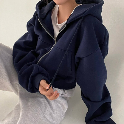 Women's Cropped Hoodie Zip-Up Fleece Black