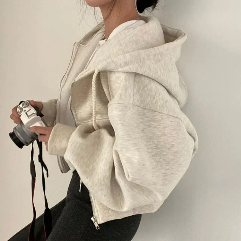 Women's Cropped Hoodie Zip-Up Fleece Black
