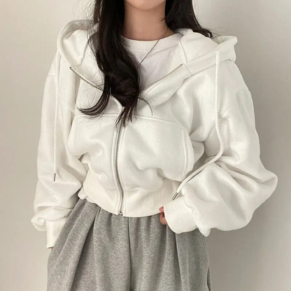 Women's Cropped Hoodie Zip-Up Fleece Black