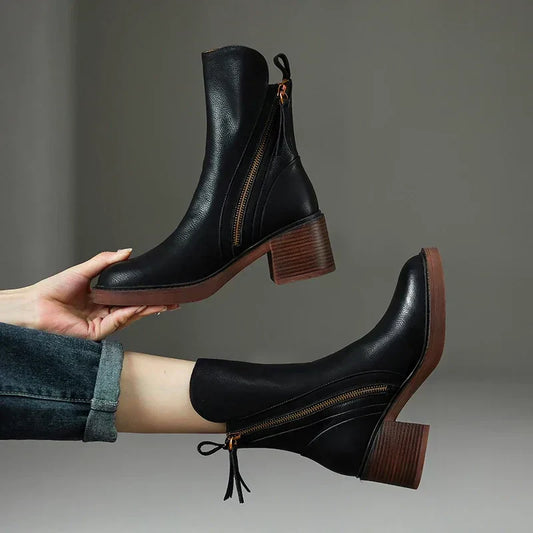Women's Block Heel Ankle Boots Zip Up Black - Fashinoza