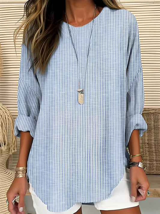 Women's Round Neck Vertical Stripe Blouse - Fashinoza