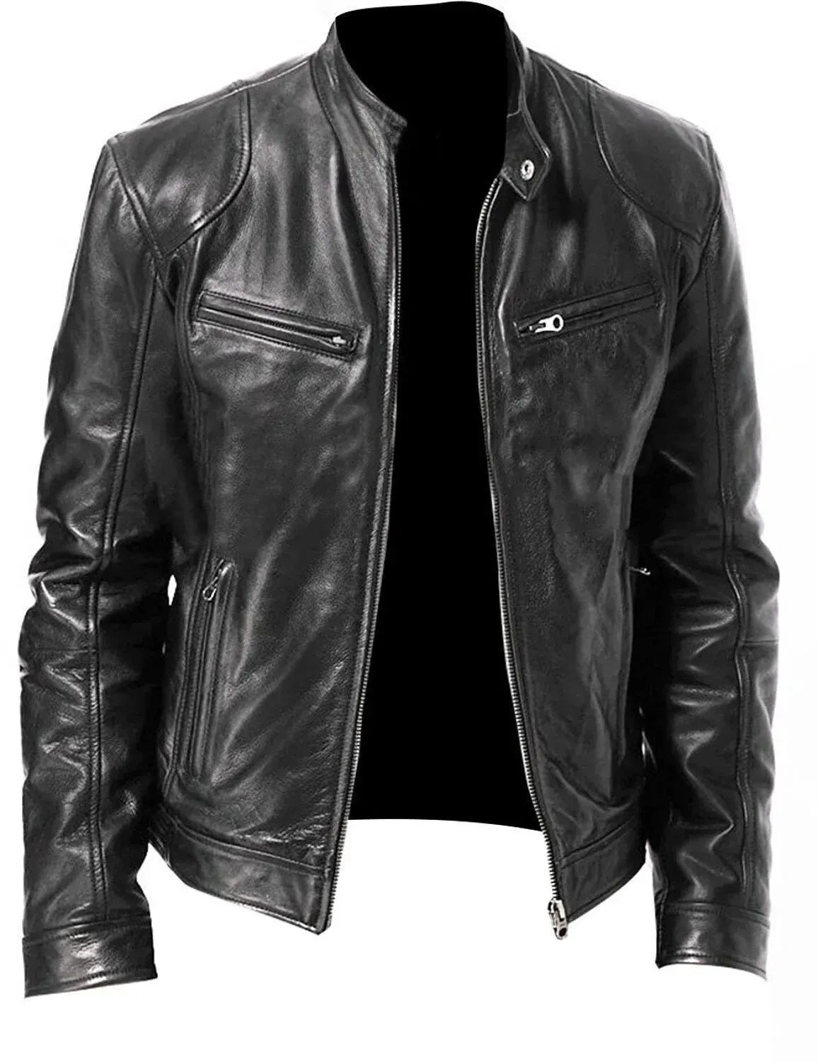 Men's Leather Biker Jacket Rugged - Fashinoza