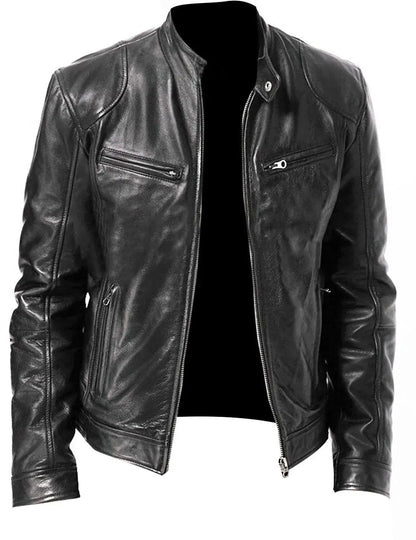 Men's Leather Biker Jacket Rugged - Fashinoza