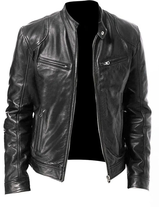 Men's Leather Biker Jacket Rugged - Fashinoza