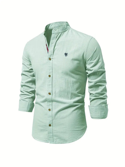 Men's Long Sleeve Button Front Shirt Cotton Band Collar White