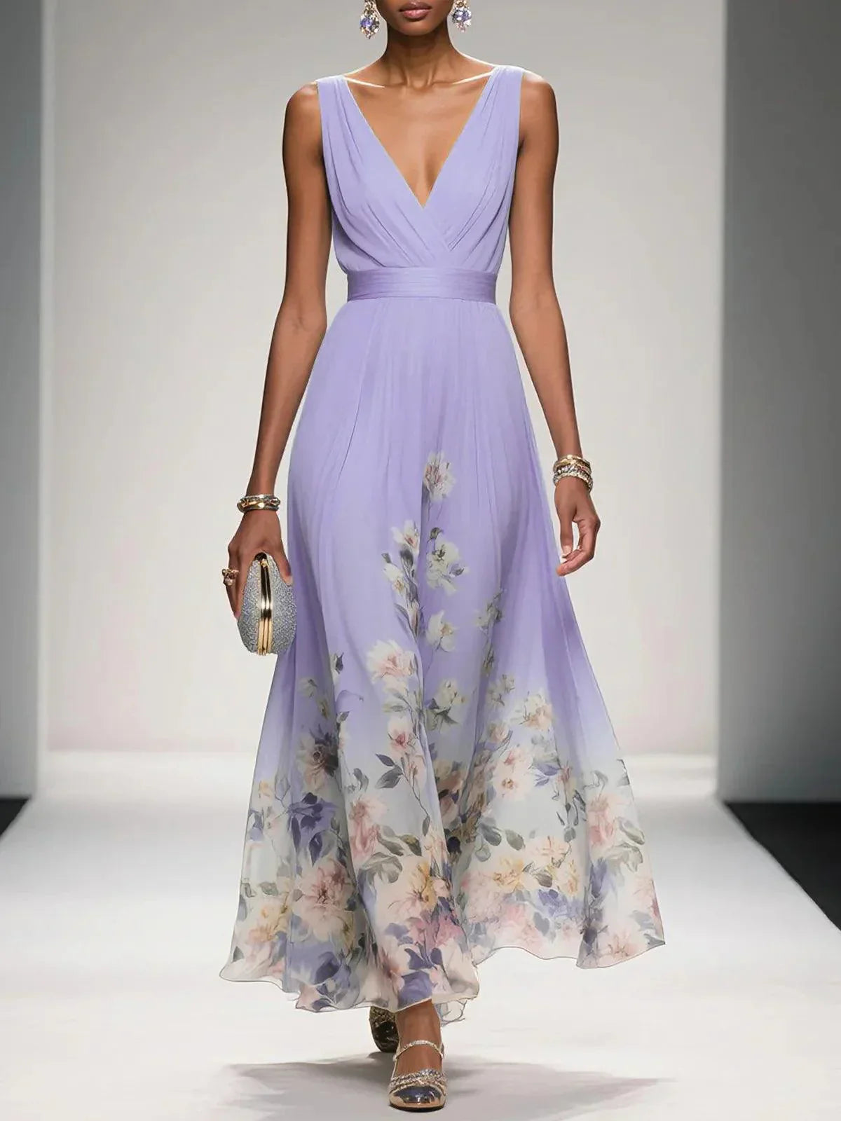 Women's Floral Maxi Dress Sleeveless V-Neck