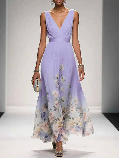Women's Floral Maxi Dress Sleeveless V-Neck