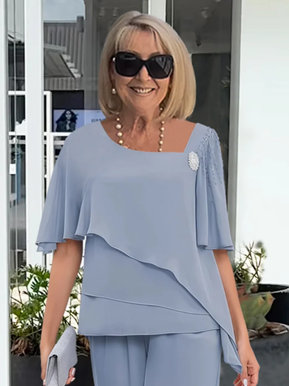 Women's Two Piece Short Sleeve Straight Leg Pants Set