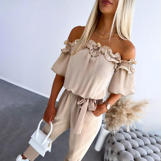 Women's Off Shoulder Jumpsuit Frill Tie Waist - Fashinoza