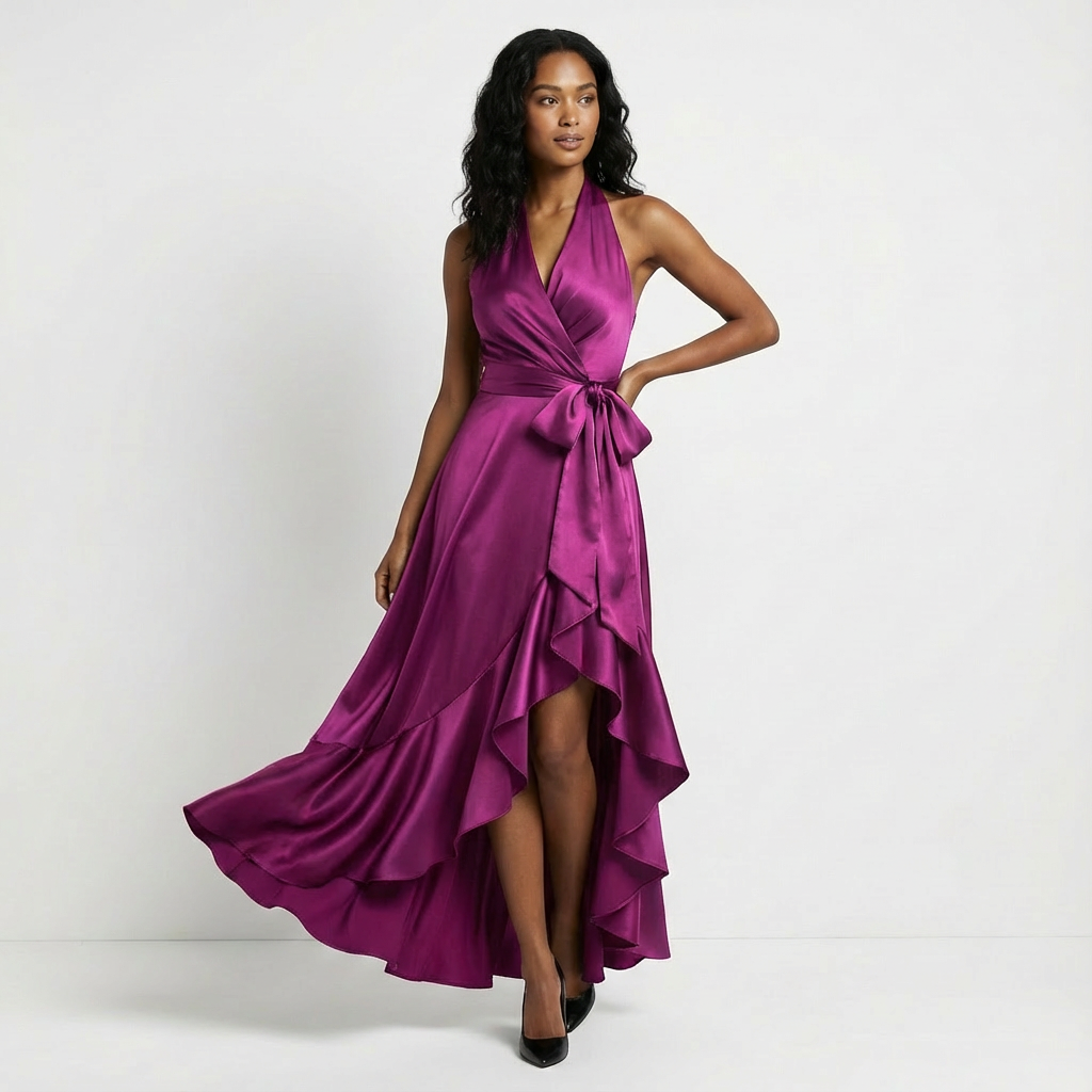 Women's Satin Maxi Dress Halter Neck Ruffled Hem - 
Fashinoza