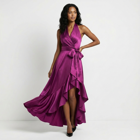 Women's Satin Maxi Dress Halter Neck Ruffled Hem - 
Fashinoza